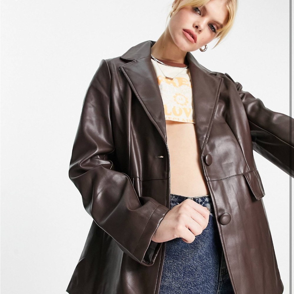 Violet Romance Faux Leather Blazer In Chocolate Brown